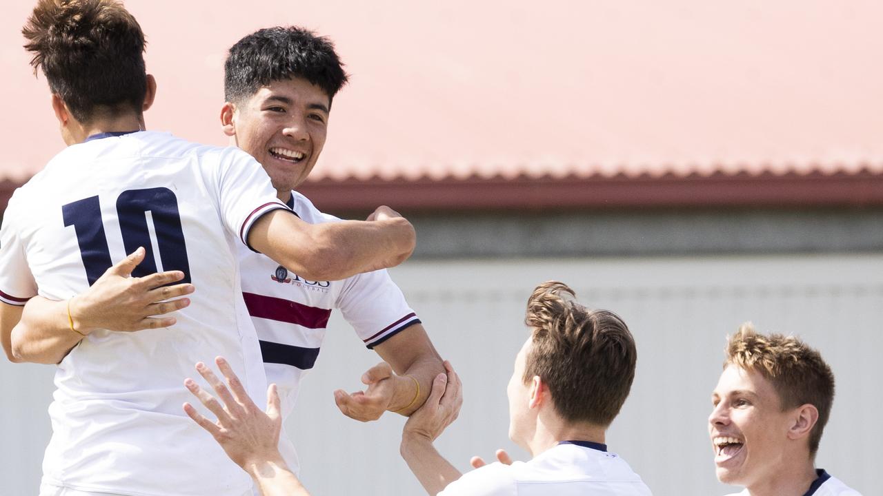 GPS First XI Football. St Joseph's Gregory Terrace vs The Southport School. TSS celebrate a goal. 5 September, 2020. Picture: Renae Droop