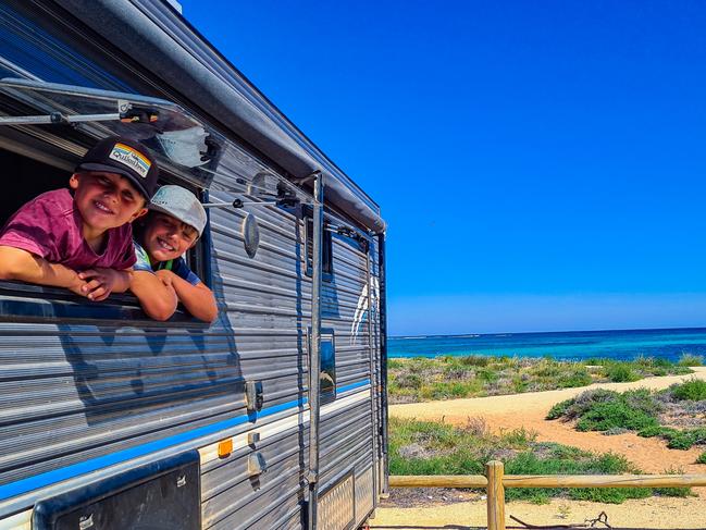 Melbourne couple Tom and Aimee Urech-Wright sold up and have been seeing the country in their caravan with their two sons in tow.