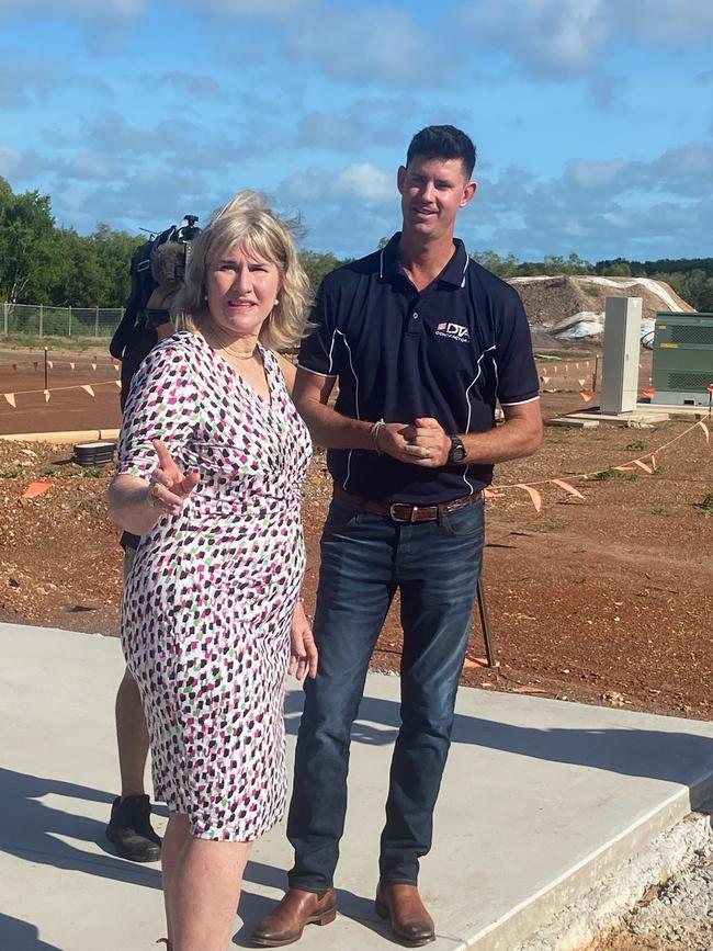 Infrastructure Minister Eva Lawler and DTA Constructions Dylan Hale at Richardson Park, where asbestos has delayed project and blown-out costs.