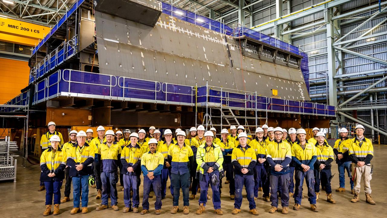 Equal to the size of two houses and taking 45,000 hours, the first steel prototype 'block' was constructed by shipbuilders working on the Hunter Class frigate program at Osborne Naval Shipyard. Picture: James Elsby/BAE Systems Australia