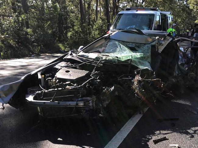 A woman was lucky to survive after she crashed into a tree on Wilfred Barrett Drive, Magenta, yesterday. Picture: Facebook