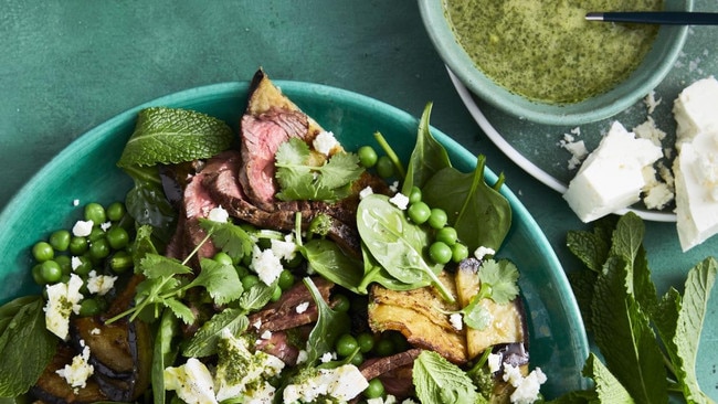 Seared beef, eggplant and pea salad. Picture: Guy Bailey