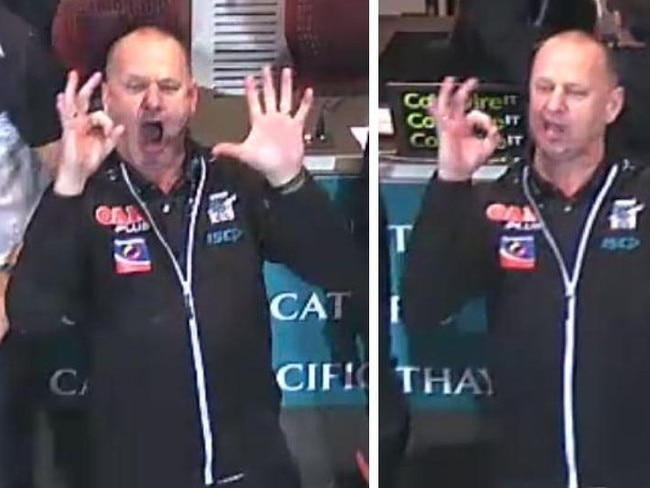 Screenshots of Port Adelaide coach Ken Hinkley celebrating Port Adelaide's win over Adelaide in Showdown 44.