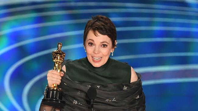 Colman during her hilarious speech — one of the viral moments of this year’s Oscars. Picture: Valerie Macon/AFP