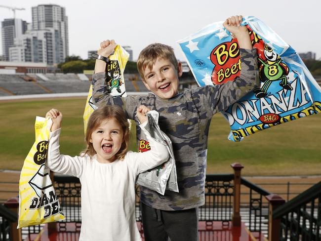 Charlotte, 3, and Thomas Laidsaar, 7, with showbags at the RNA Showgrounds. Picture: Josh Woning