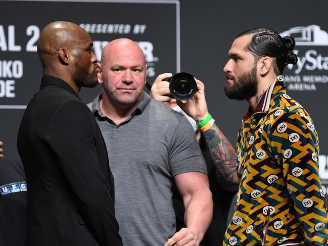 JACKSONVILLE, FLORIDA - APRIL 22: (L-R) UFC Welterweight Champion Kamaru Usman of Nigeria and Jorge Masvidal face off during the UFC 261 press conference at VyStar Veterans Memorial Arena on April 22, 2021 in Jacksonville, Florida. (Photo by Josh Hedges/Zuffa LLC)