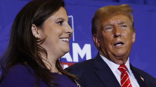 CONCORD, NEW HAMPSHIRE - JANUARY 19: Rep. Elise Stefanik (R-NY) (L) joins Republican presidential candidate and former President Donald Trump during a campaign rally at the Grappone Convention Center on January 19, 2024 in Concord, New Hampshire. New Hampshire voters will weigh in next week on the Republican nominating race with their first-in-the-nation primary, about one week after Trump's record-setting win in the Iowa caucuses. Former UN Ambassador and former South Carolina Gov. Nikki Haley is hoping for a strong second-place showing so to continue her campaign into Nevada and South Carolina.   Chip Somodevilla/Getty Images/AFP (Photo by CHIP SOMODEVILLA / GETTY IMAGES NORTH AMERICA / Getty Images via AFP)