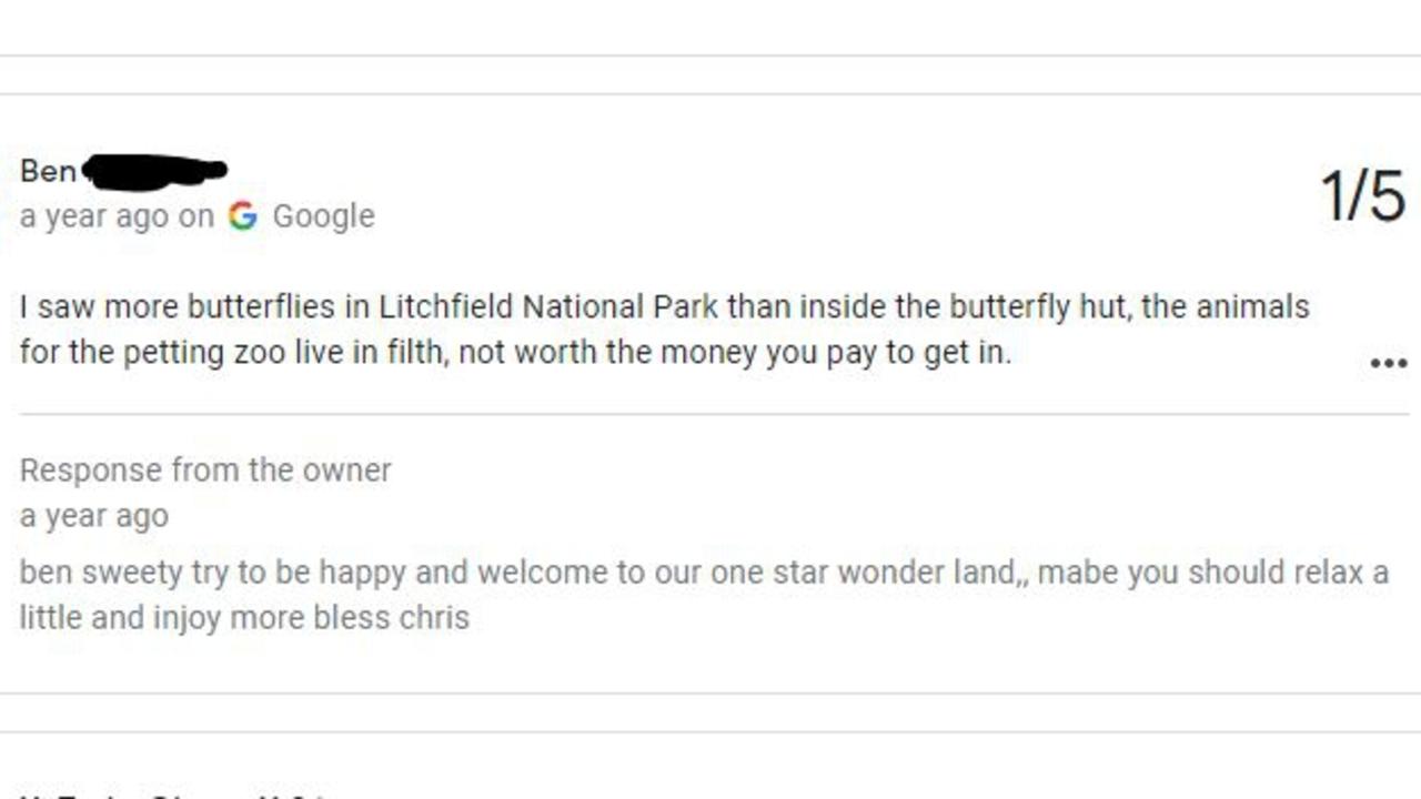 Batchelor Butterflyfarm Farm owner Christopher Horner responds to negative reviews on his business page in a hilarious manner. Picture: Google Reviews.