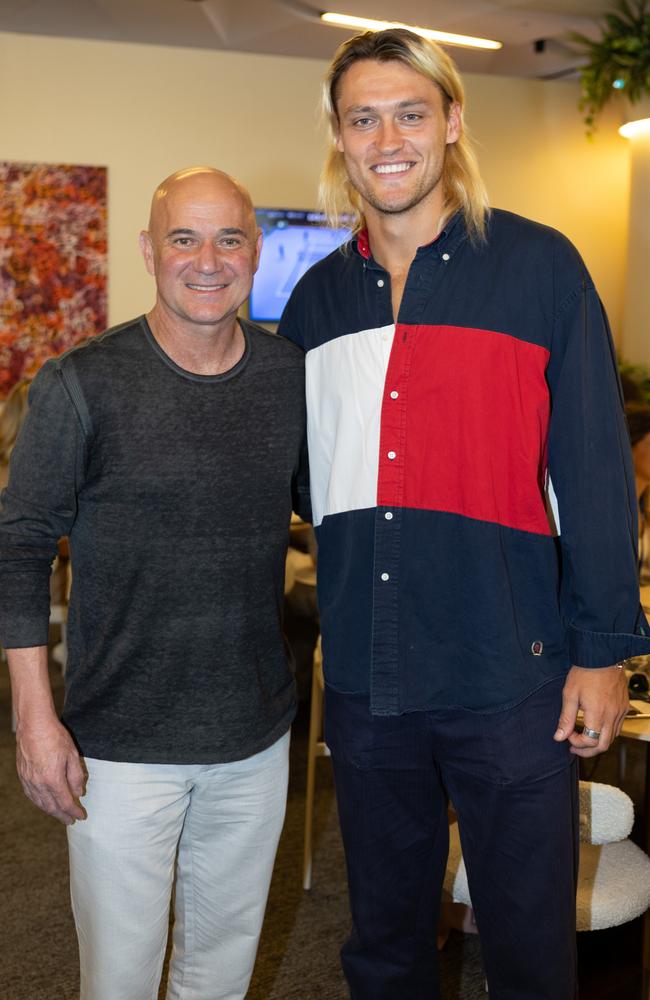 Andre Agassi and Darcy Moore. Picture: Fiona Hamilton