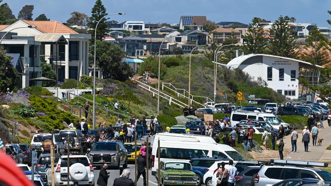 Procession of cars on the Esplanade in Christies Beach for local identity Frank Tabone who passed away on October 13. Photo: Naomi Jellicoe