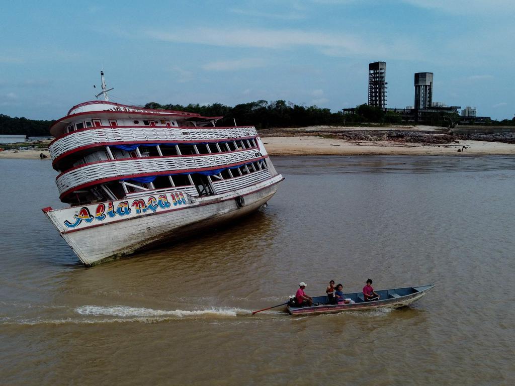 A ferry is stranded as water levels drop in the Amazon River and its connected waterways. Picture: Michael Dantas/AFP