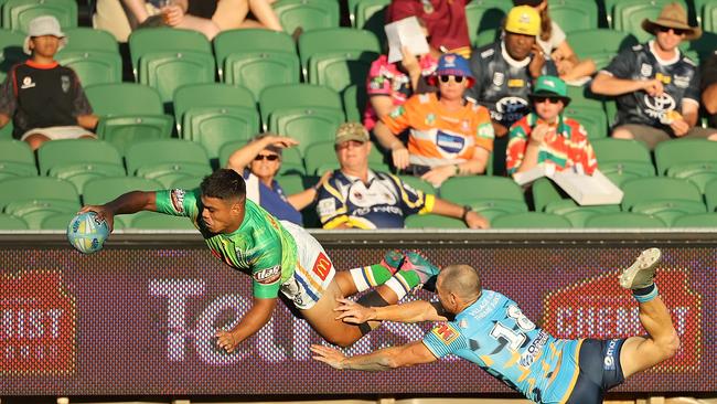 Matthew Timoko of the Raiders crosses for a try during Day 1 of the 2020 NRL Nines. Picture: Paul Kane/Getty Images