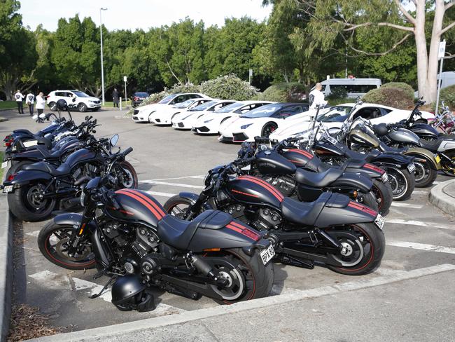 Luxury vehicles and motorcycles at the wedding venue. Picture: David Swift