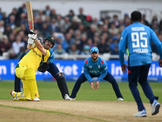 NOTTINGHAM, ENGLAND - SEPTEMBER 19: Travis Head of Australia hits out for six runsduring the 1st Metro Bank ODI between England and Australia at Trent Bridge on September 19, 2024 in Nottingham, England. (Photo by Gareth Copley/Getty Images)