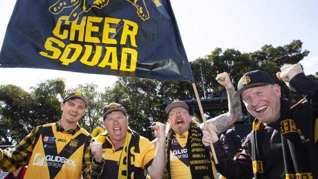 Philip Clark, Andrew Clark, Wayne Arden and Peter Holtham at the 2024 SANFL Grand Final at Adelaide Oval. Picture: Brett Hartwig