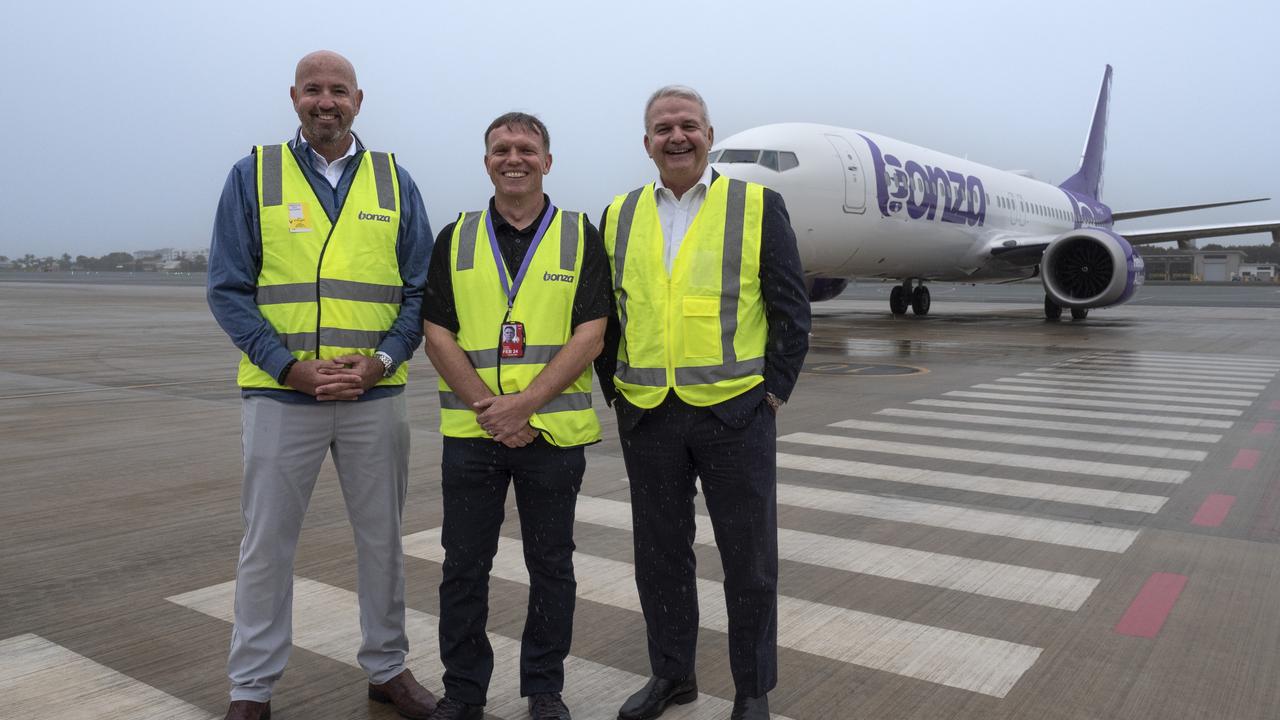 From left: Boeing’s John Kinsman, Bonza CEO Tim Jordan and Sunshine Coast Airport chief executive Andrew Brodie.