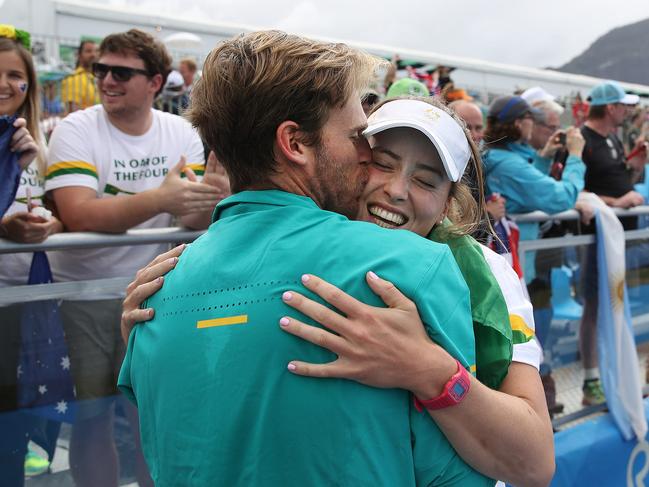 Australia's William Lockwood with his partner Jess Hall after winning the silver medal with Joshua Dunkley-Smith, Joshua Booth and Alexander Hill in the Men's Four final at Lagoa Stadium at the Rio 2016 Olympic Games. Picture: