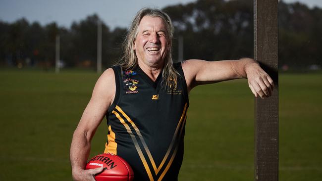 Veteran footballer Kim Pearce, 62, will play his 800th game of senior footy this Saturday when he takes the field for Mawson Lakes. Picture: Matt Loxton