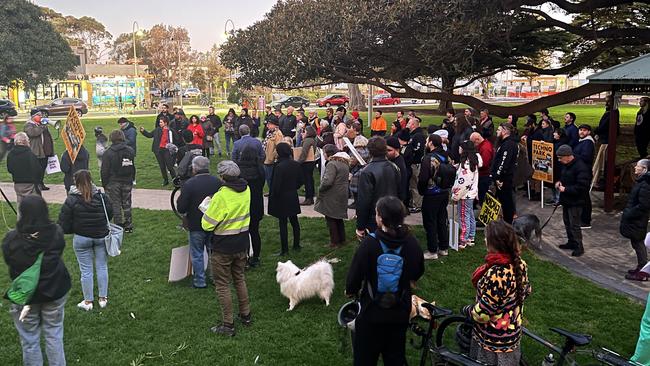 Residents and supporters of those facing eviction from Techno Park Drive, Williamstown met at Altona Beach last month before marching to Hobsons Bay City Council's chambers where the council meeting was held virtually. Picture: Nilsson Jones