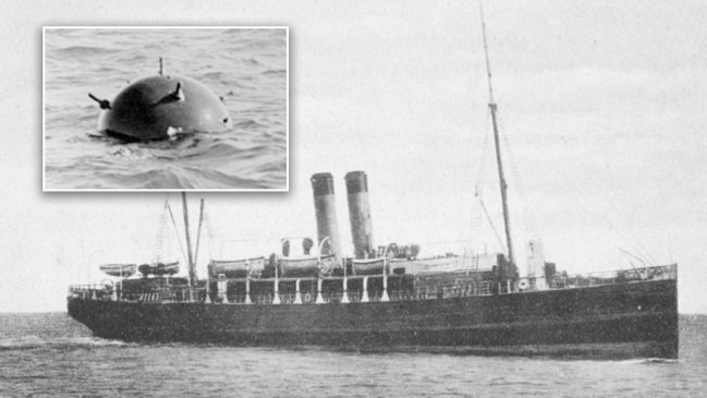 The SS Cambridge and, inset, a German contact mine.