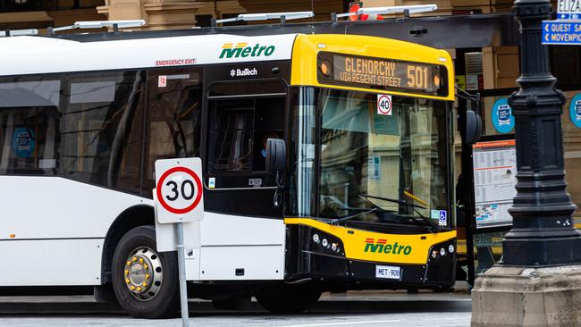 A metro bus at Elizabeth Street Mall, after the announcement that there will be cuts to bus services. Picture: Linda Higginson