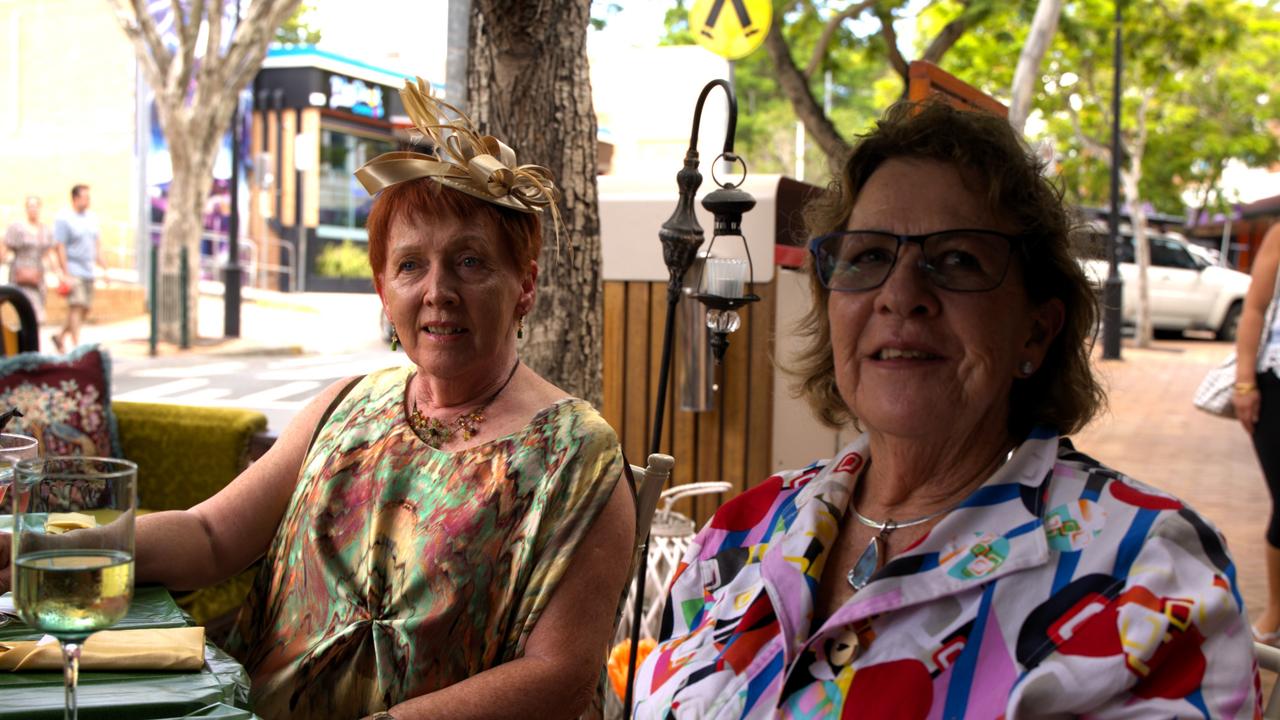 Sue Dowling and Fiona Burt at Gympie's The Dolly and Oats during the Melbourne Cup Races on November 7, 2023.