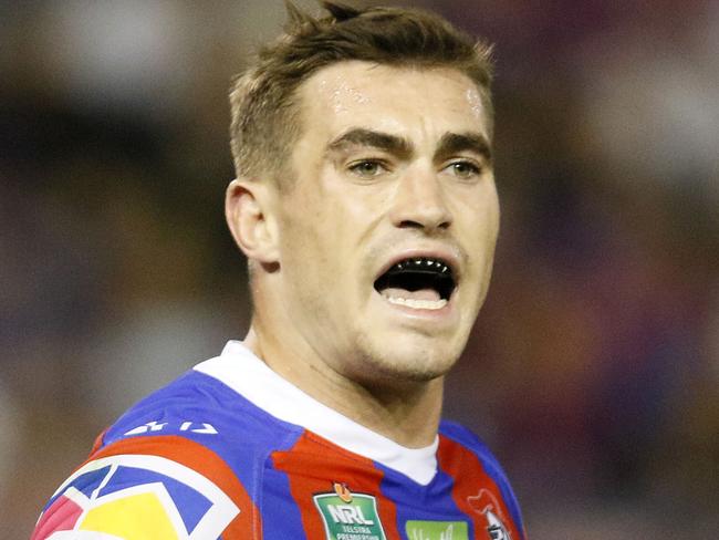 Connor Watson of the Knights reacts during the Round 9 NRL match between the Newcastle Knights and the South Sydney Rabbitohs at McDonald Jones Stadium in Newcastle, Friday, May 4, 2018. (AAP Image/Darren Pateman) NO ARCHIVING, EDITORIAL USE ONLY