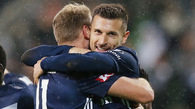 Forwards Ola Toivonen (left) and Kosta Barbarouses are among eight Melbourne Victory stars who will be rested from Wednesday night’s Asian Champions League clash in South Korea. Picture: Getty Images 