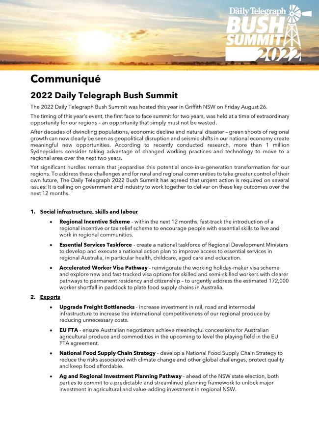 Page 1 of 2. The 2022 Bush Summit Communique, outlining action points which will be shared with Prime Minister Anthony Albanese and Premier Dominic Perrottet.