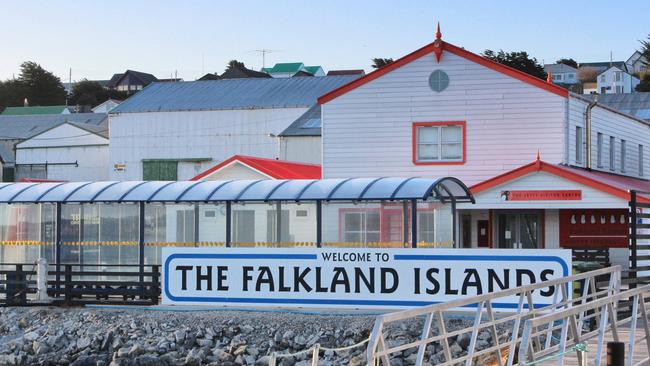 The Welcome to the Falkland Islands sign that greets tourists arriving by tender at Stanley.