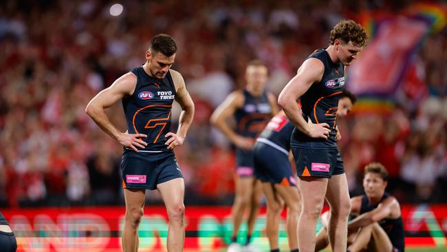 SYDNEY, AUSTRALIA – SEPTEMBER 07: Stephen Coniglio of the Giants looks dejected after a loss during the 2024 AFL First Qualifying Final match between the Sydney Swans and the GWS GIANTS at The Sydney Cricket Ground on September 07, 2024 in Sydney, Australia. (Photo by Dylan Burns/AFL Photos via Getty Images)