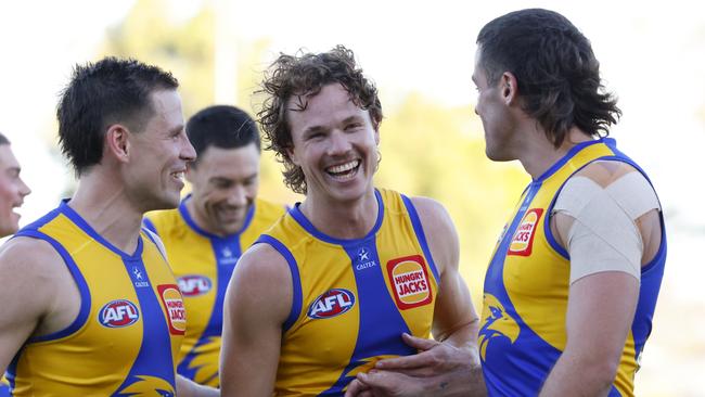 PERTH, AUSTRALIA - MARCH 01: Jayden Hunt of the Eagles shares a laugh after the win during the 2025 AAMI AFL Community Series match between West Coast Eagles and North Melbourne Kangaroos at Hands Oval on March 01, 2025 in Bunbury, Australia. (Photo by James Worsfold/Getty Images)