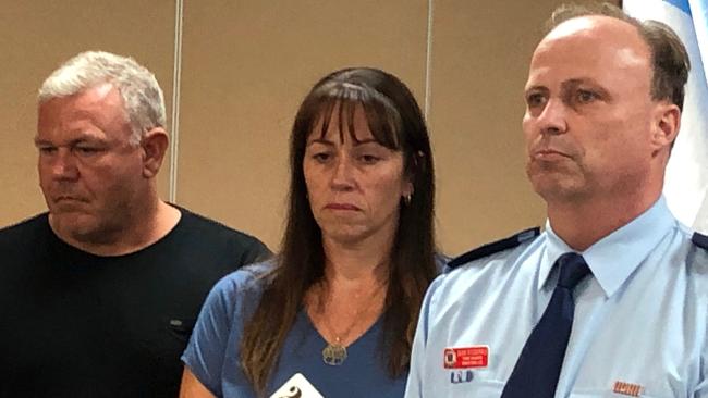 Sonja Casagrande, partner of missing person Joseph Casagrande, with his nephew Jason Browning, and Bankstown Police Detective Chief Inspector Glen Fitzgerald at the press conference. Picture: Lawrence Machado