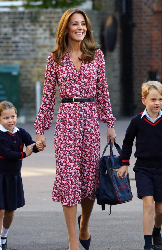 Kate chooses a print foe the school run in 2019. Picture: AFP