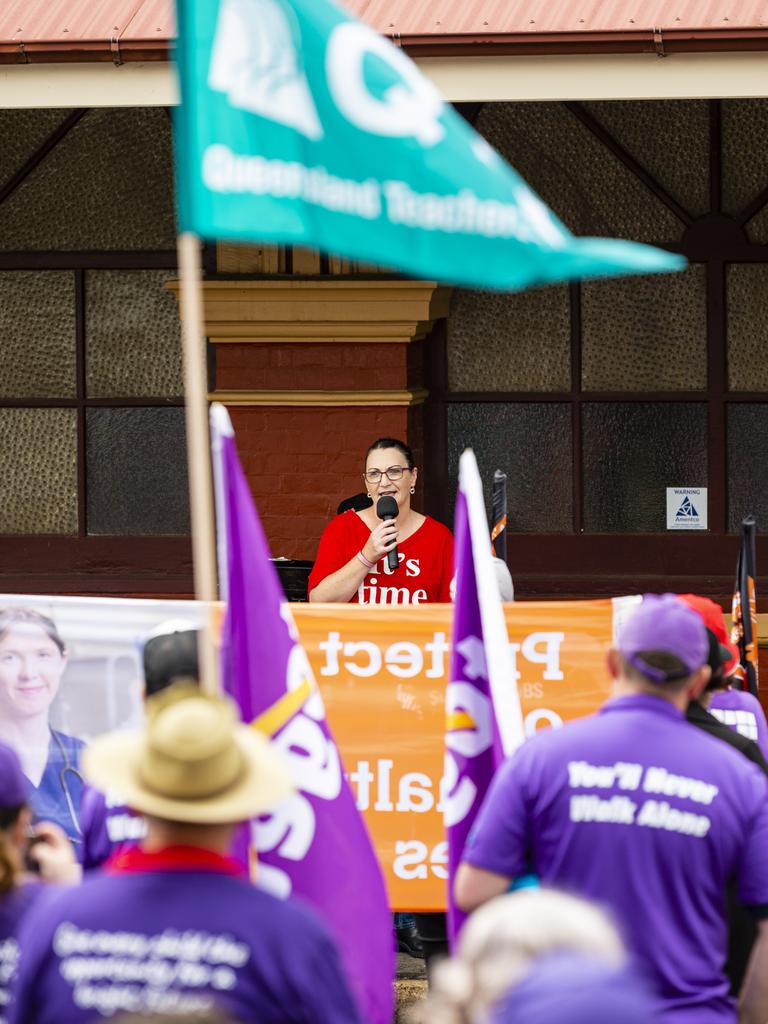 Labor candidate for Groom Gen Allpass addresses the gathering before the Labour Day 2022 Toowoomba march, Saturday, April 30, 2022. Picture: Kevin Farmer