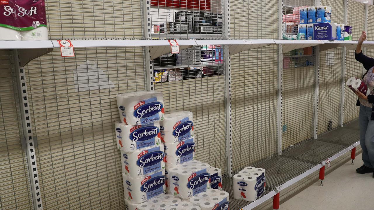 Empty shelves in Coles at Westfield's Parramatta. Picture: Rohan Kelly