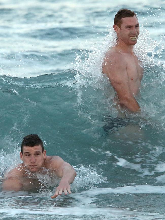 Josh Jenkins and Tom Lynch during the Gold Coast camp. Picture: David Clark/AAP