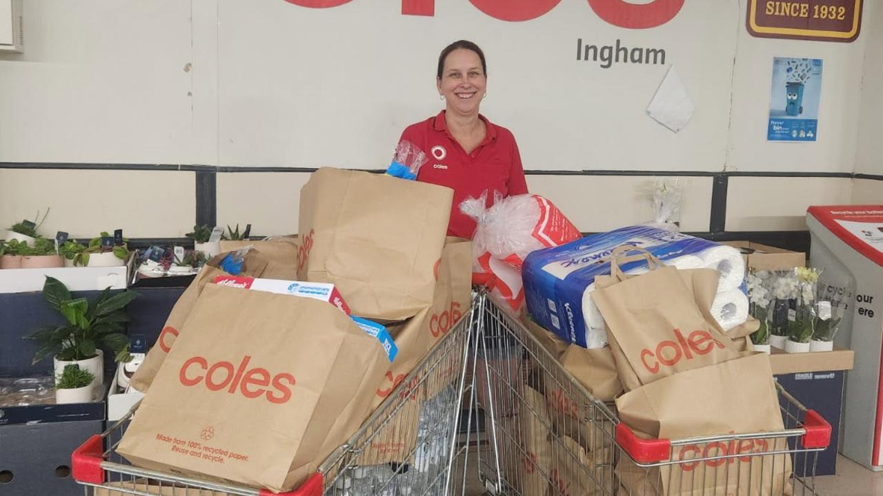 Coles Ingham Duty Manager Marcia Glindemann was collected by the SES to open the grocery store and provide food to the Ingham evacuation centre. Picture: Supplied