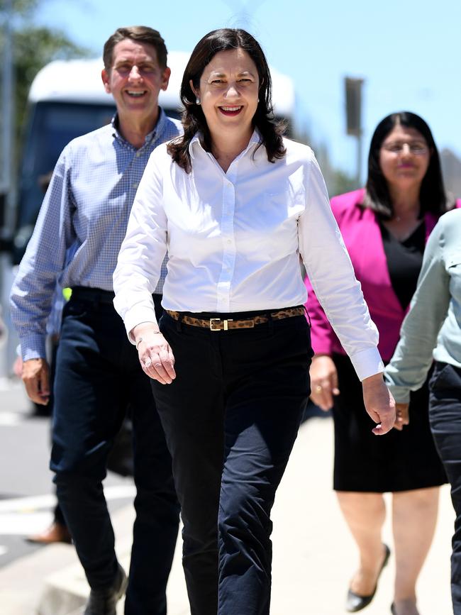 Annastacia Palaszczuk regularly sports a white shirt and dark pants combo, as pictured here in Cairns in the lead-up to the election. Picture: NCA NewsWire/Dan Peled