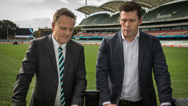 Port Adelaide chief executive Keith Thomas and Adelaide counterpart Andrew Fagan at Adelaide Oval. Picture: Matt Turner