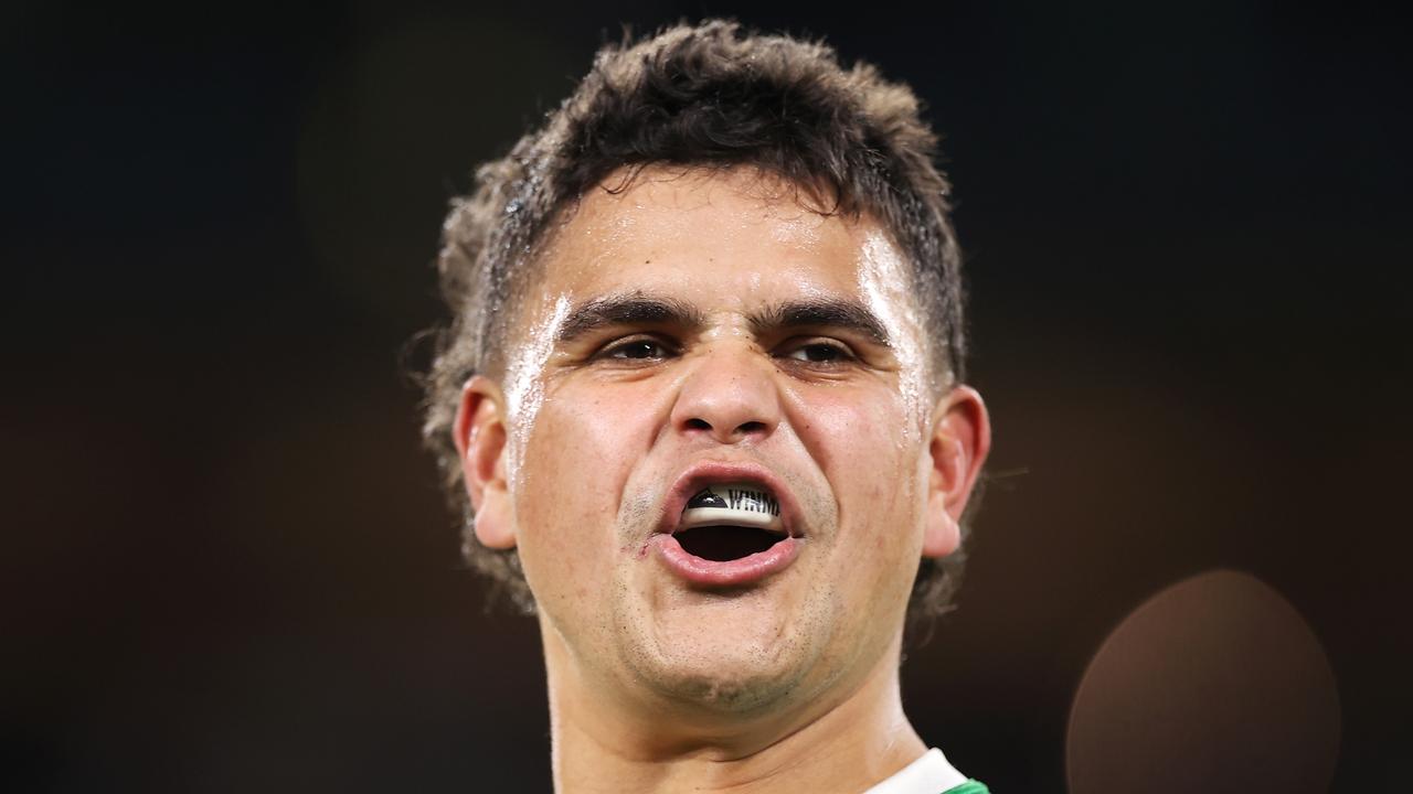 SYDNEY, AUSTRALIA - JULY 17: Latrell Mitchell of the Rabbitohs speaks to the crowd during the round 18 NRL match between the Canterbury Bulldogs and the South Sydney Rabbitohs at Stadium Australia, on July 17, 2022, in Sydney, Australia. (Photo by Mark Kolbe/Getty Images)