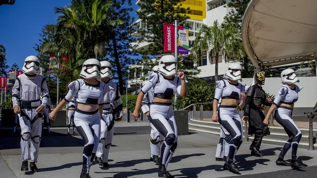 Tap dancing Stormtroopers dancing in the Broadbeach mall to celebrate Supanova. Picture: Jerad Williams