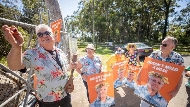 Protesters in the Liberal seat of Macquarie out protesting the Prime Minister’s presence. Picture: Jason Edwards