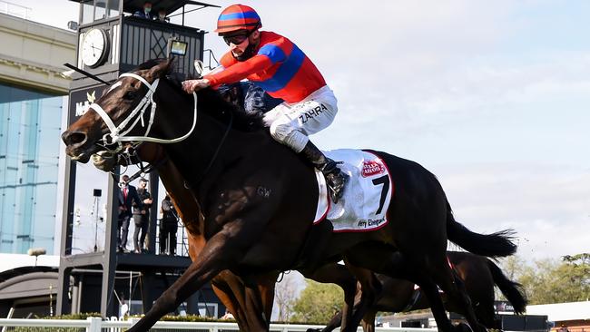 Verry Elleegant and Mark Zahra combine to win the 2020 Caulfield Cup.