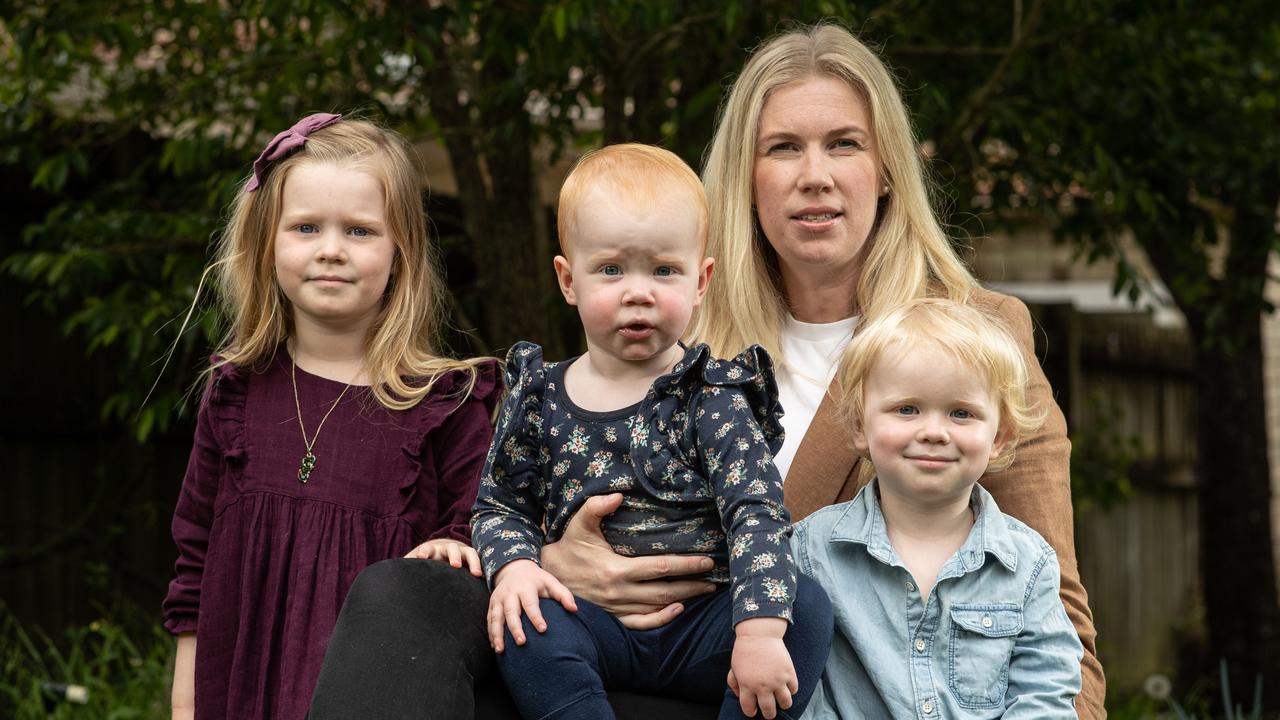 Jess Horan spends about $1200 a week to put her kids Winifred, 4, Patrick, 2, and Arabella, 1, through childcare. Picture: Julian Andrews