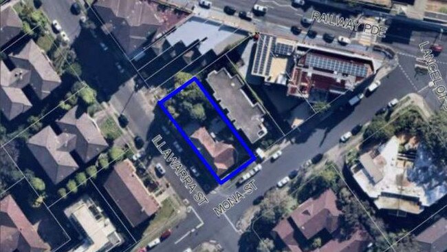 An aerial view of the proposed site outlined in blue. Picture: Libra Property