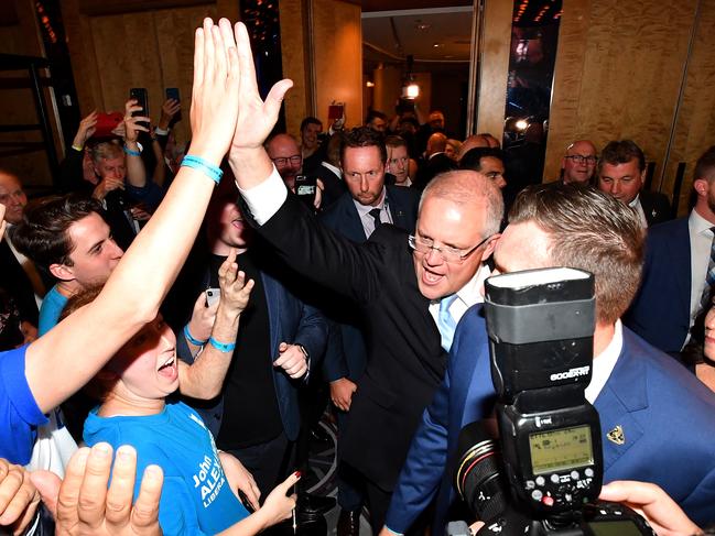 Former Prime Minister Scott Morrison celebrates after winning the 2019 Federal Election, at the Federal Liberal Reception at the Sofitel-Wentworth hotel in Sydney. Picture: AAP Image/Mick Tsikas