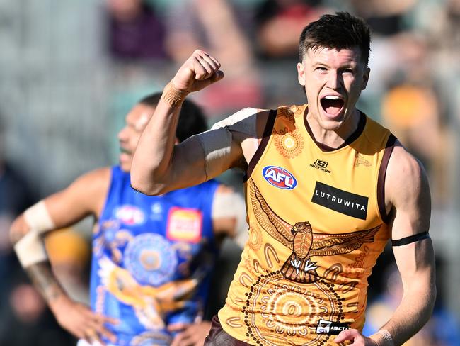 LAUNCESTON, AUSTRALIA - MAY 21: Mitch Lewis of the Hawks celebrates a goal during the round 10 AFL match between Hawthorn Hawks and West Coast Eagles at University of Tasmania Stadium, on May 21, 2023, in Launceston, Australia. (Photo by Steve Bell/Getty Images)