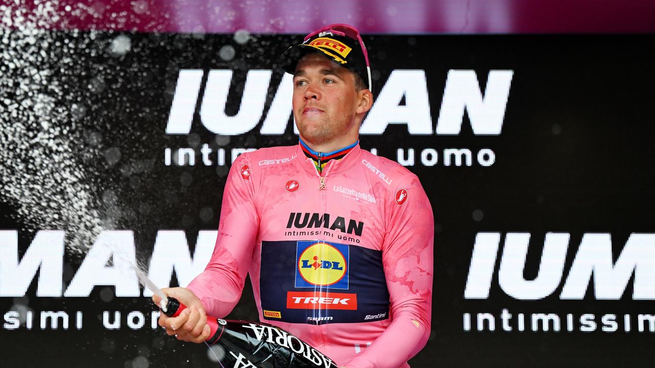 Mads Pedersen of Denmark celebrates as Pink Leader Jersey after winning stage three of the Giro d'Italia. (Photo by Tim de Waele/Getty Images)