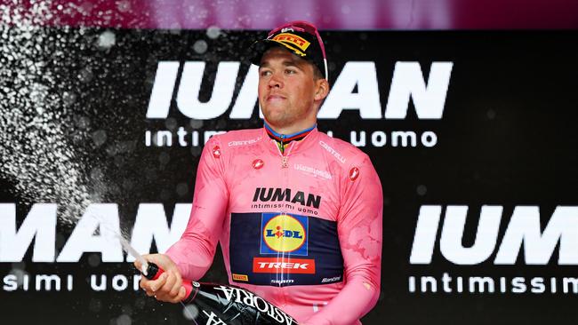 Mads Pedersen of Denmark celebrates as Pink Leader Jersey after winning stage three of the Giro d'Italia. (Photo by Tim de Waele/Getty Images)